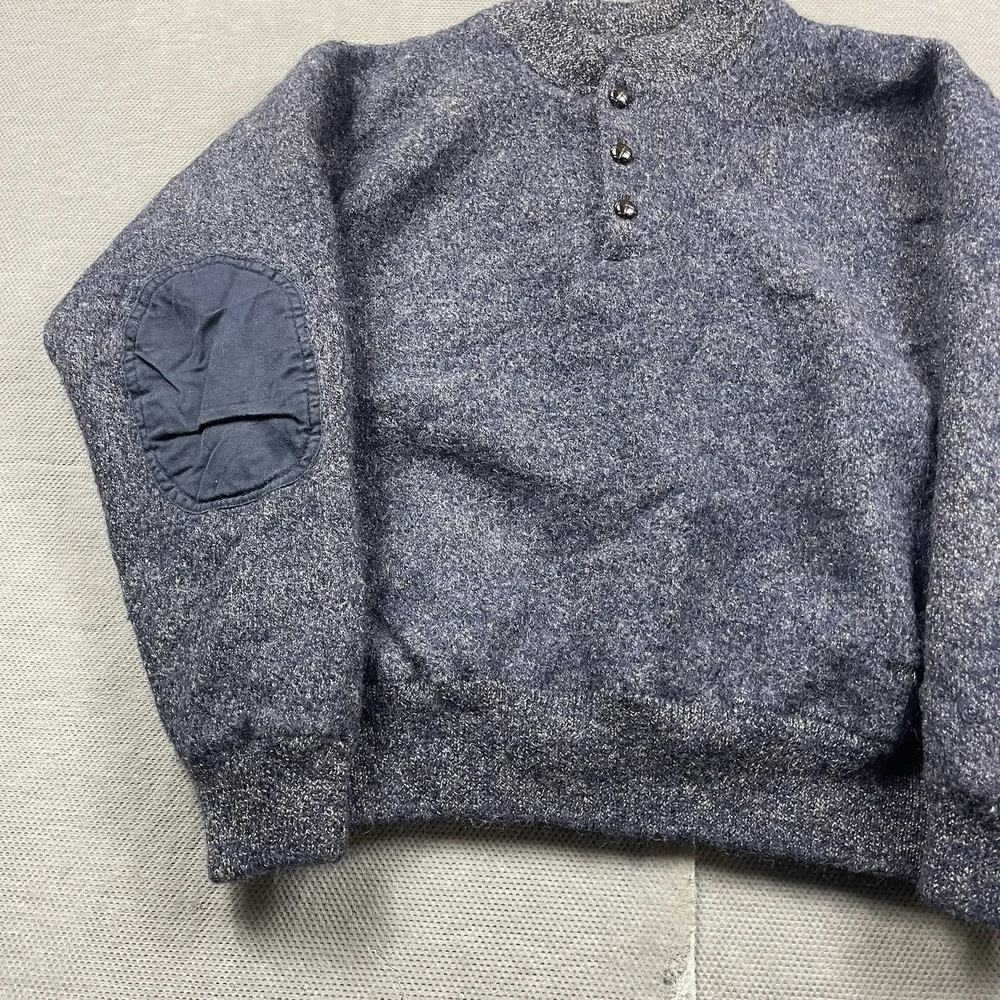 Cabelas Wool Sweater Mens Small* Blue Knit Pullover Henley Lined‎ Elbow Patch